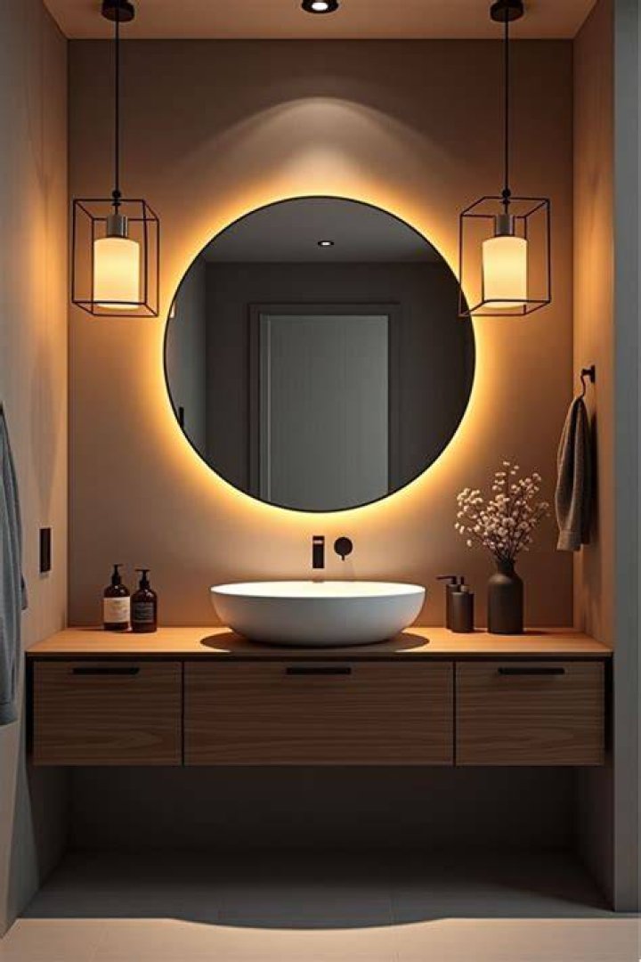 bathroom with round mirror and orange walls